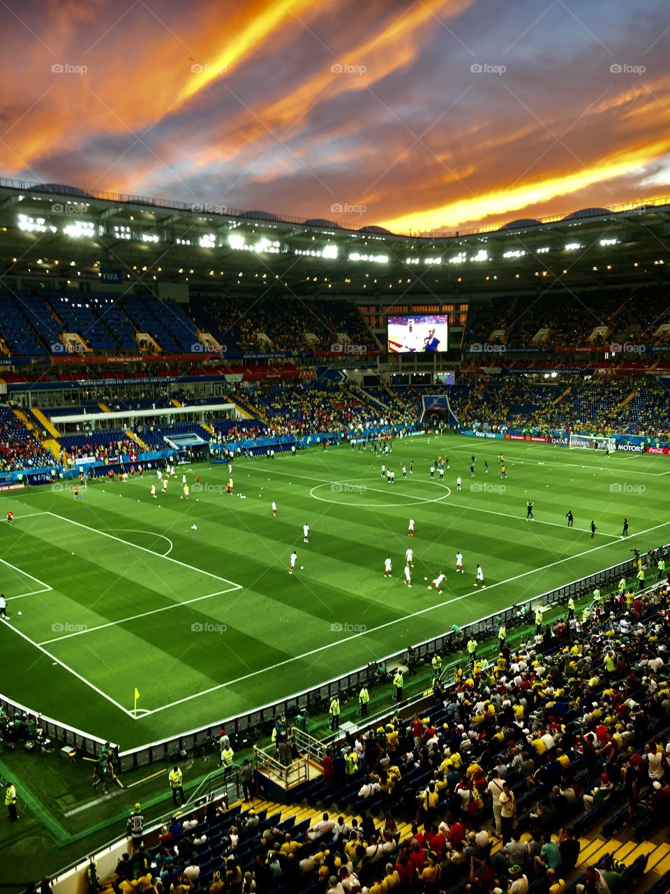 FIFA World Cup in the evening in Russia.  playing soccer at sunset