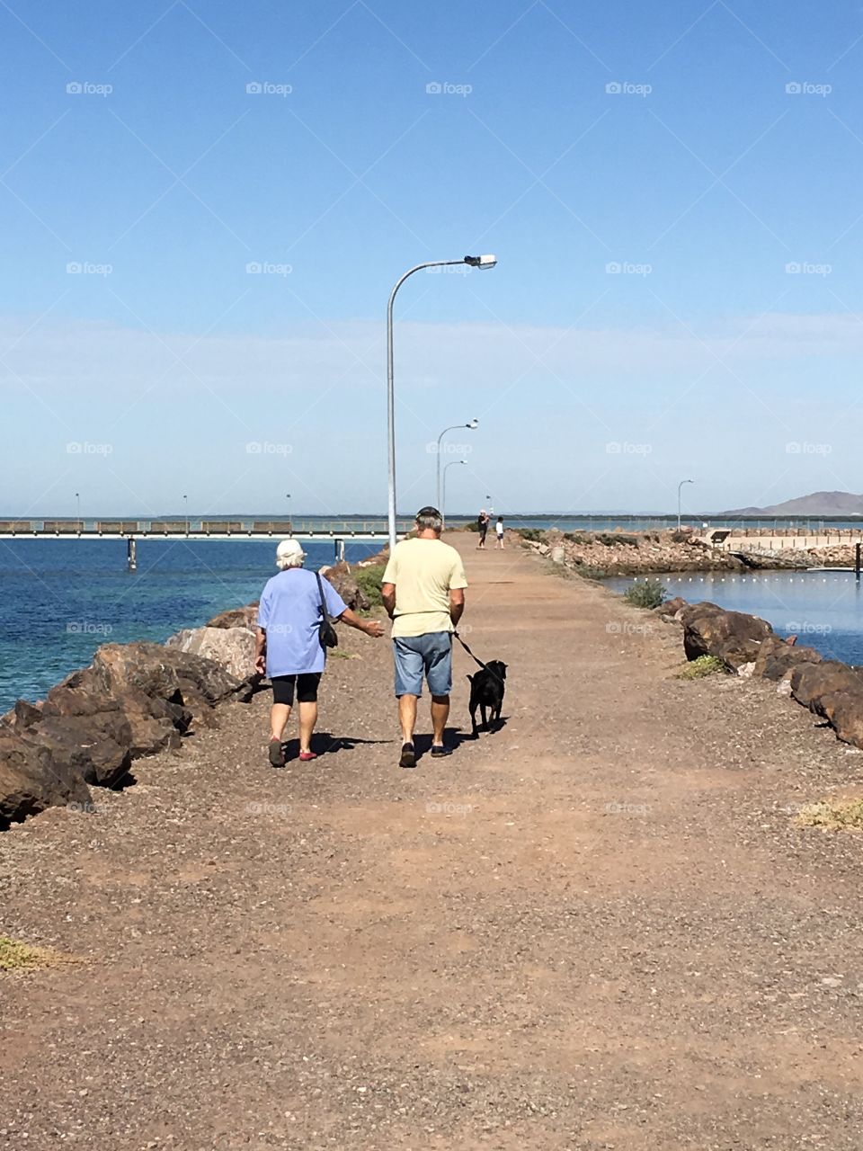 Elderly couple walking dog on Jetty by ocean 