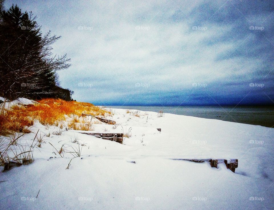 Snow on the beach at Lake Michigan