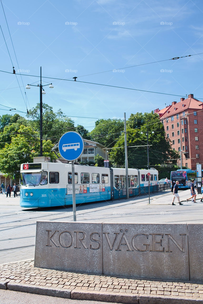 Tram train departing from station Korsvägen in Gothenburg, Sweden