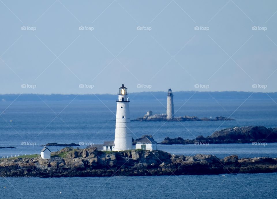 Boston Light and Graves Light, lighthouse in Boston Harbor as seen from Fort Revere in Hull, Massachusetts