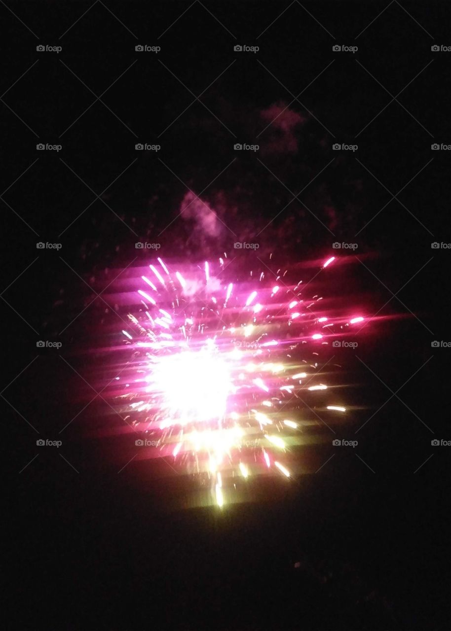 Pink fireworks in the night sky,