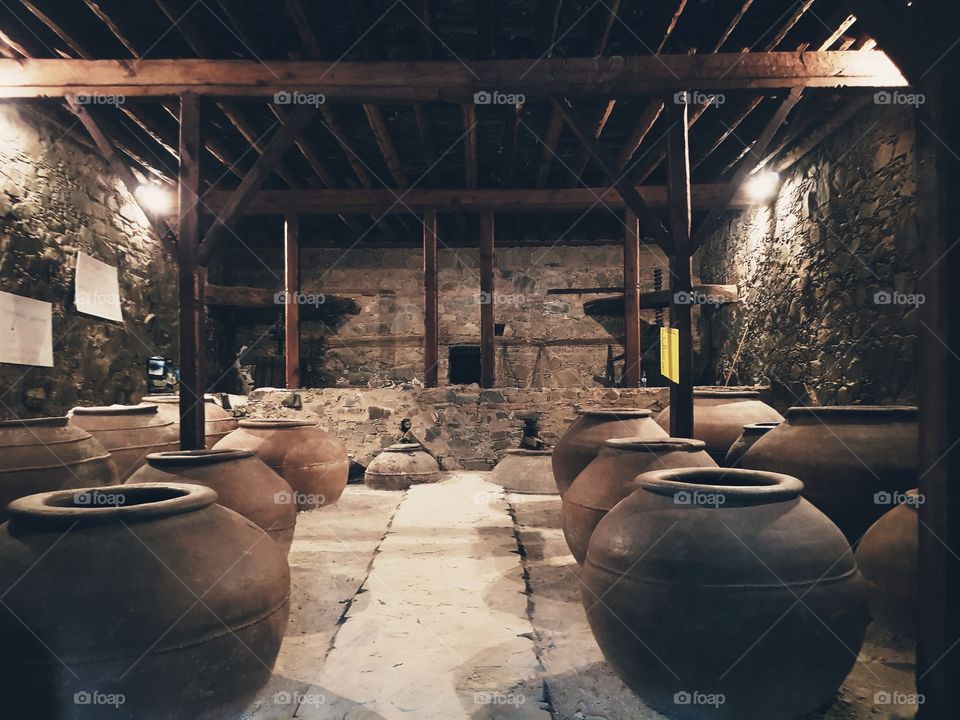 A traditional room where wine is made through the old-fashioned way. The room is on display in the preserved Fikardou village of Cyprus.