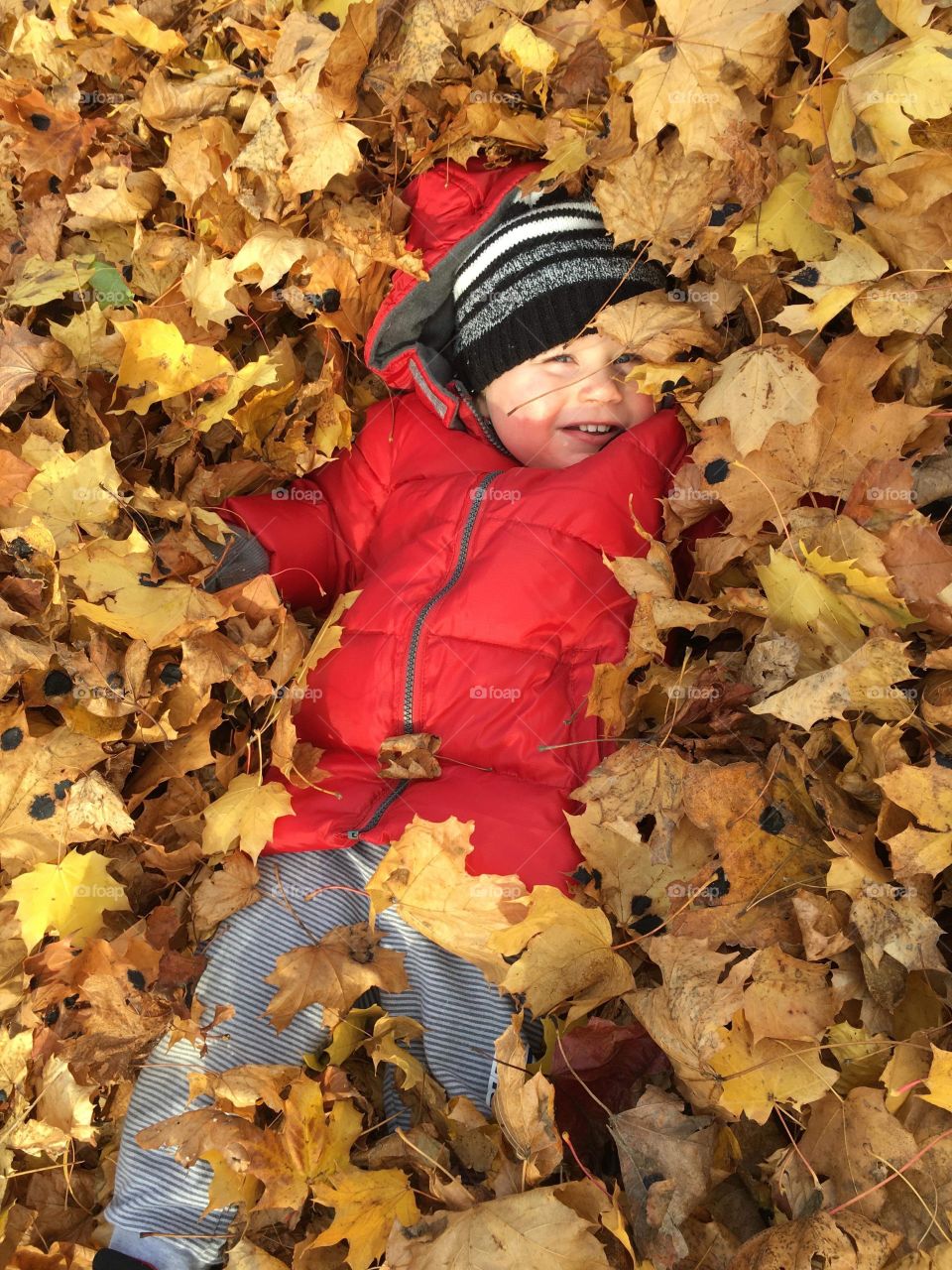 Playing in the leaves. 