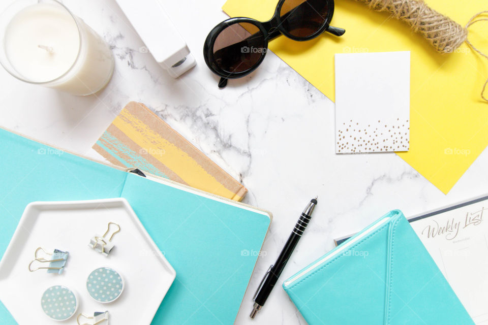 Desk flatlay with office items