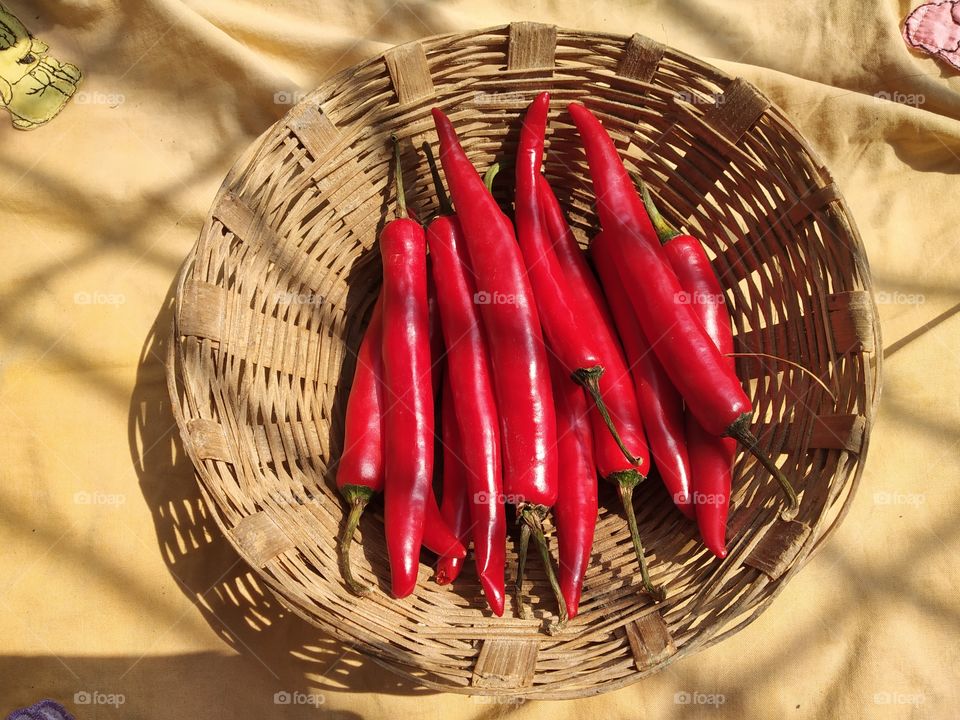 red chili on wood basket on wood table, important herbal ingredient in many kinds of spice food. red chili background