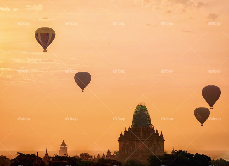 Balloon floating over Pagoda in morning is a nice scene of Bagan Myanmar 