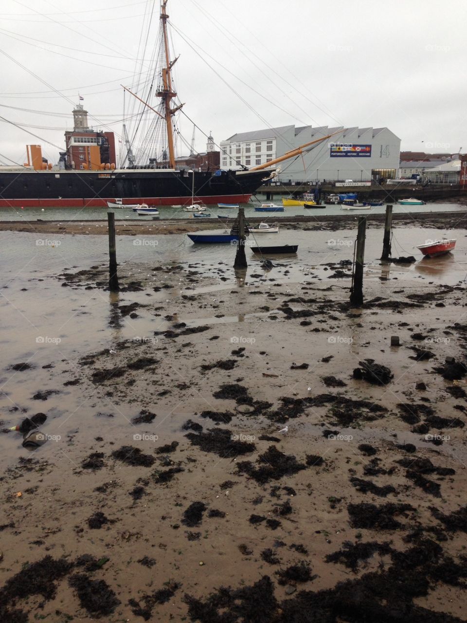 Portsmouth harbor low tide muddy seaweed