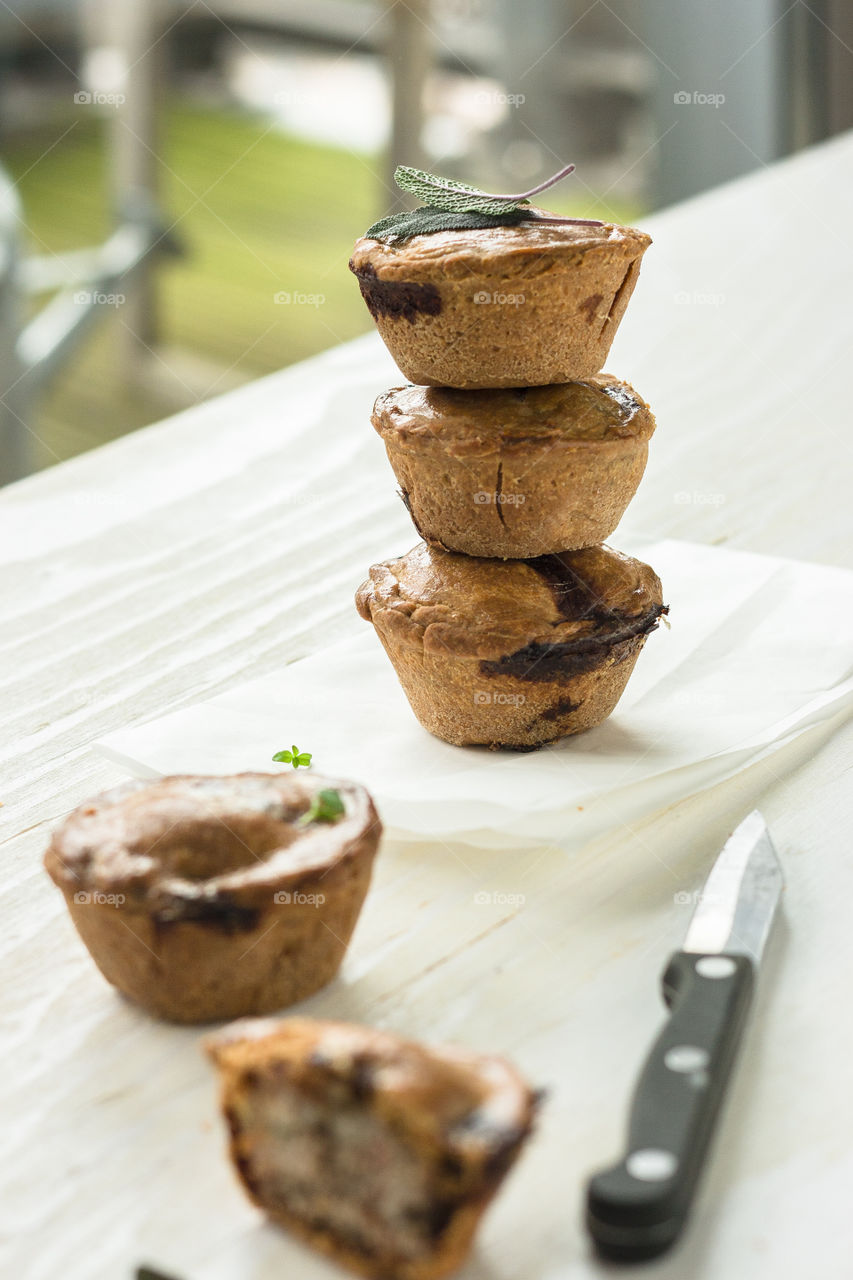 British pork pies. Mini pork pies, traditional British recipe for picnics. Comfort food.