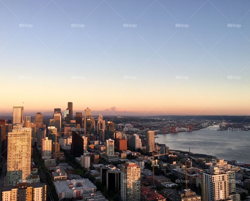 Seattle Downtown with Mt. Rainier (Sunset)