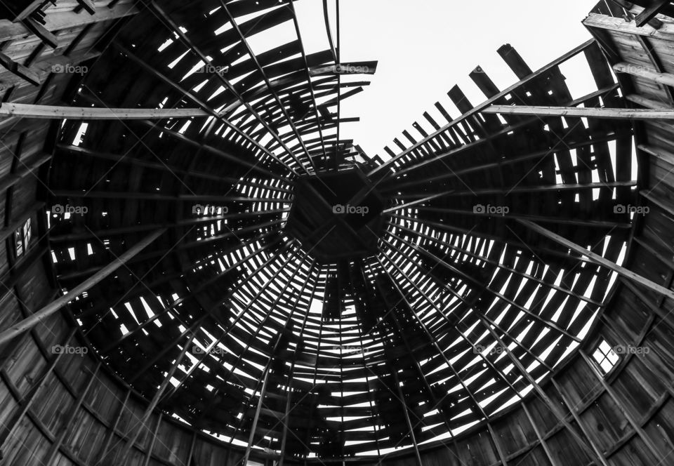 Upward view of one of only standing round barns near Moosejaw Canada