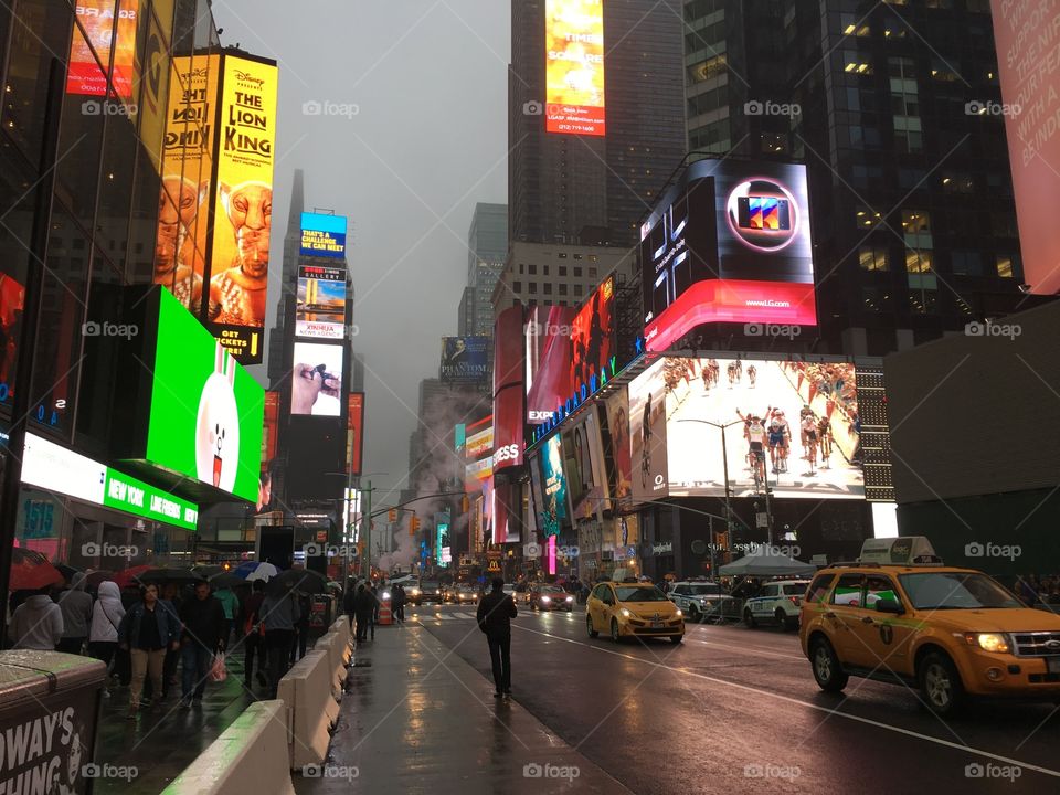 Rainy day at Times Square in New York City.