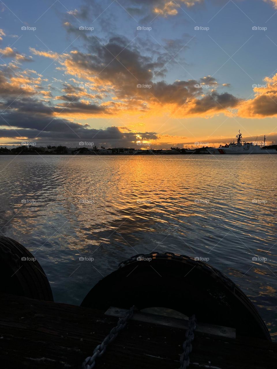 Beautiful sunny over the Honolulu Harbor from Pier 9 in Downtown Honolulu