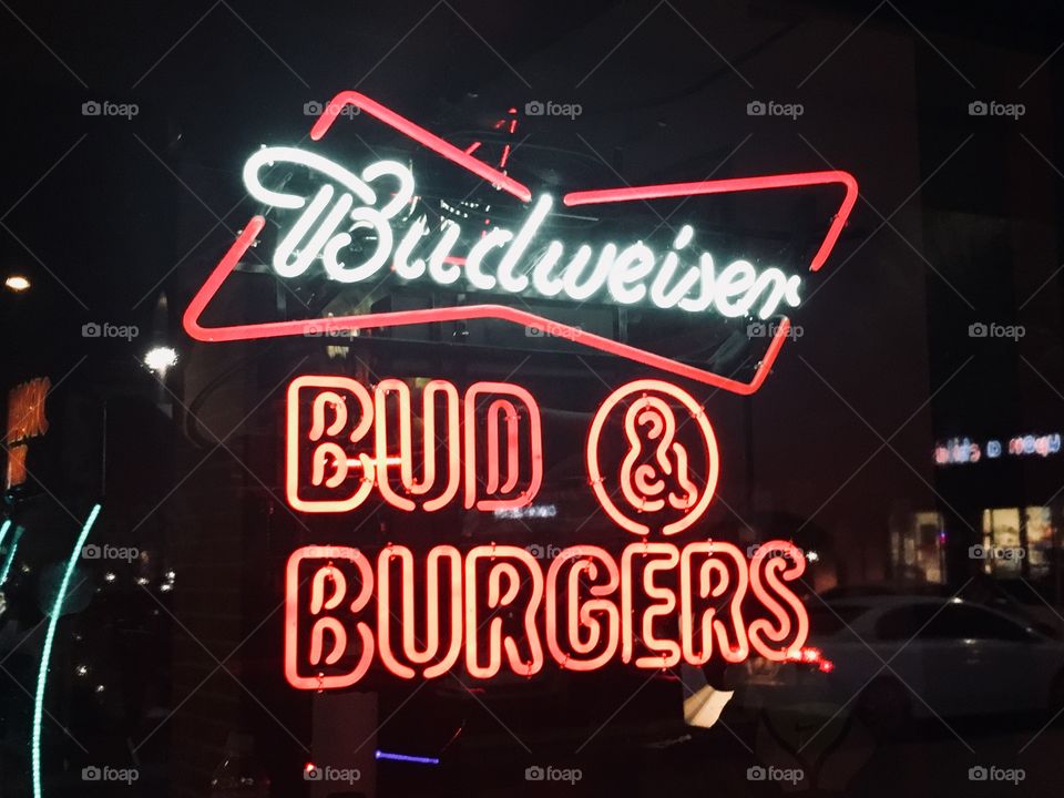 Budweiser bud & burgers neon light bar sign at Gator’s Dockside in Florida 