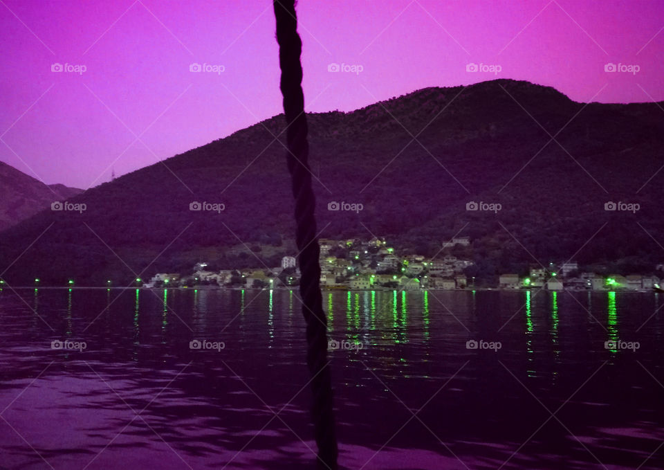 beautiful city and boka bay. mountains, sunset and sea