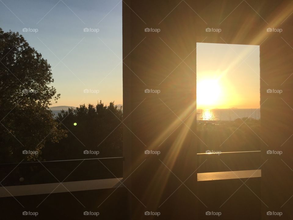 Sunset on modern balcony 