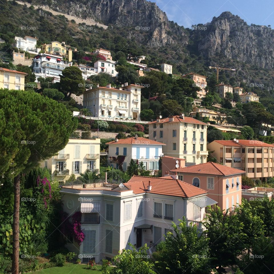 Beautiful french riviera villa landscape with mountain and blue sunny sky 
