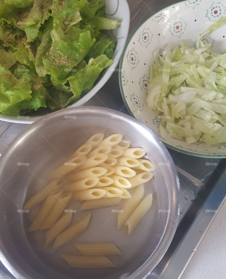 Hot pasta and two kinds of salad