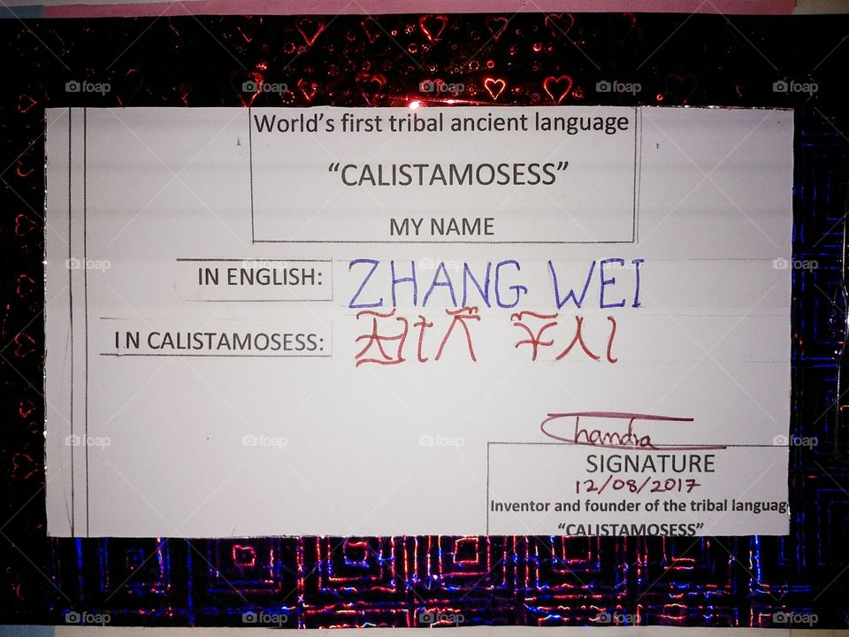 the famous China name ZHANG WEI is written in the world's first ancient tribal language in the CALISTAMOSESS.
     if you want to earn money with it you should download it's first photograph at the first sight, keep it and share it.