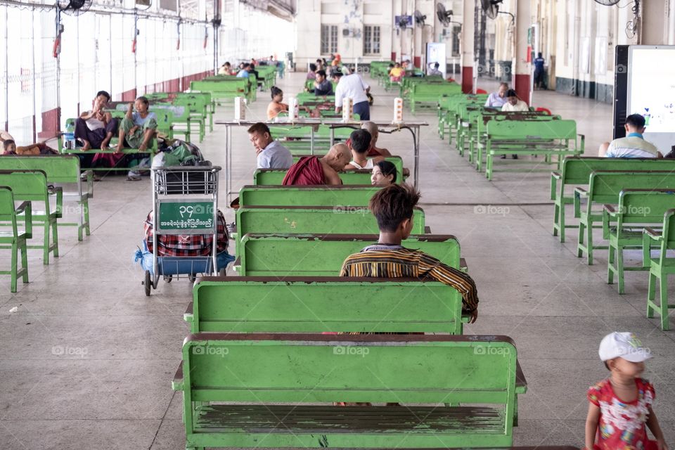 Rangoon/Myanmar-April 14 2019:People’re waiting train at central platform in Myanmar New Year 
