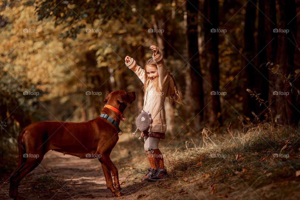 Little girl playing with dogs in an autumn park