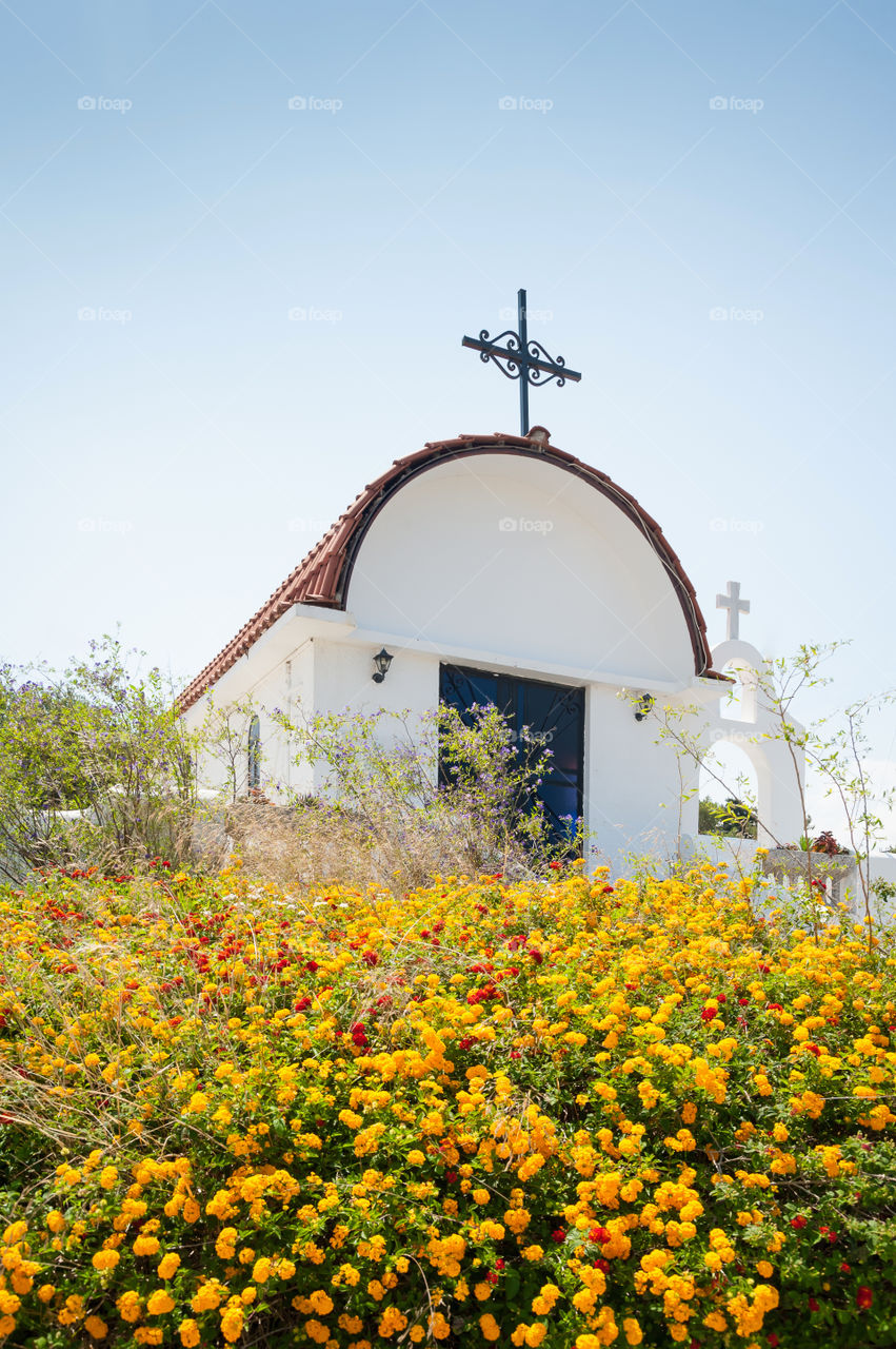Traditional small whitewashed greek orthodox chapel. Island of Rhodes. Greece. Europe.
