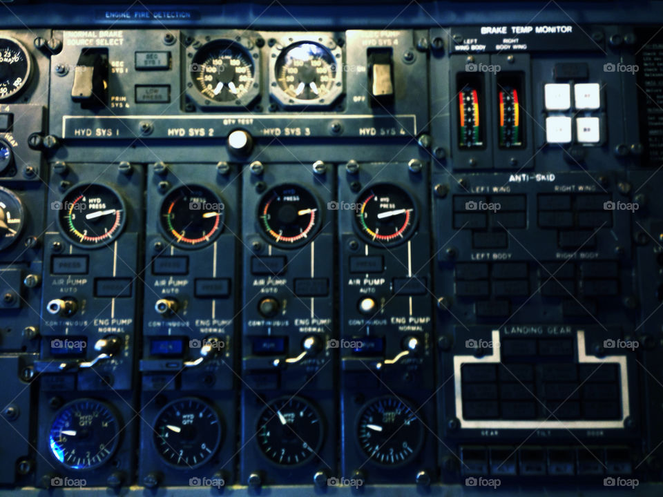 Flight engineer control panel from a Boeing 747 jet airplane cockpit