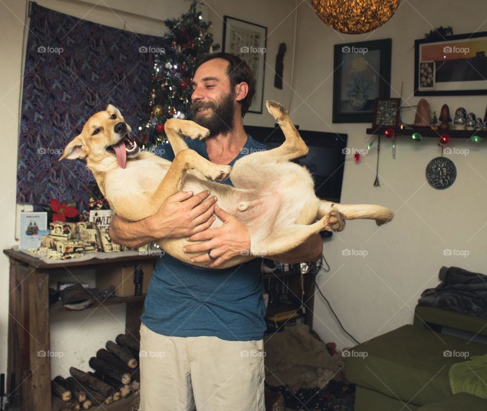 It’s Christmas time and a man gives his silly, happy dog and big cuddle in front of the tree