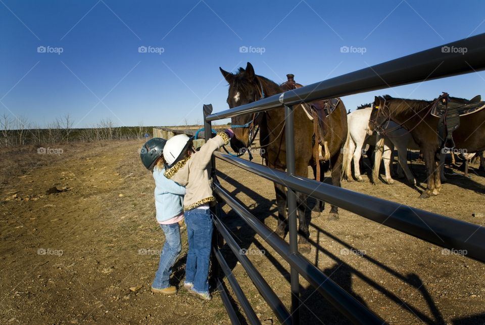 Two young girls petting a horse