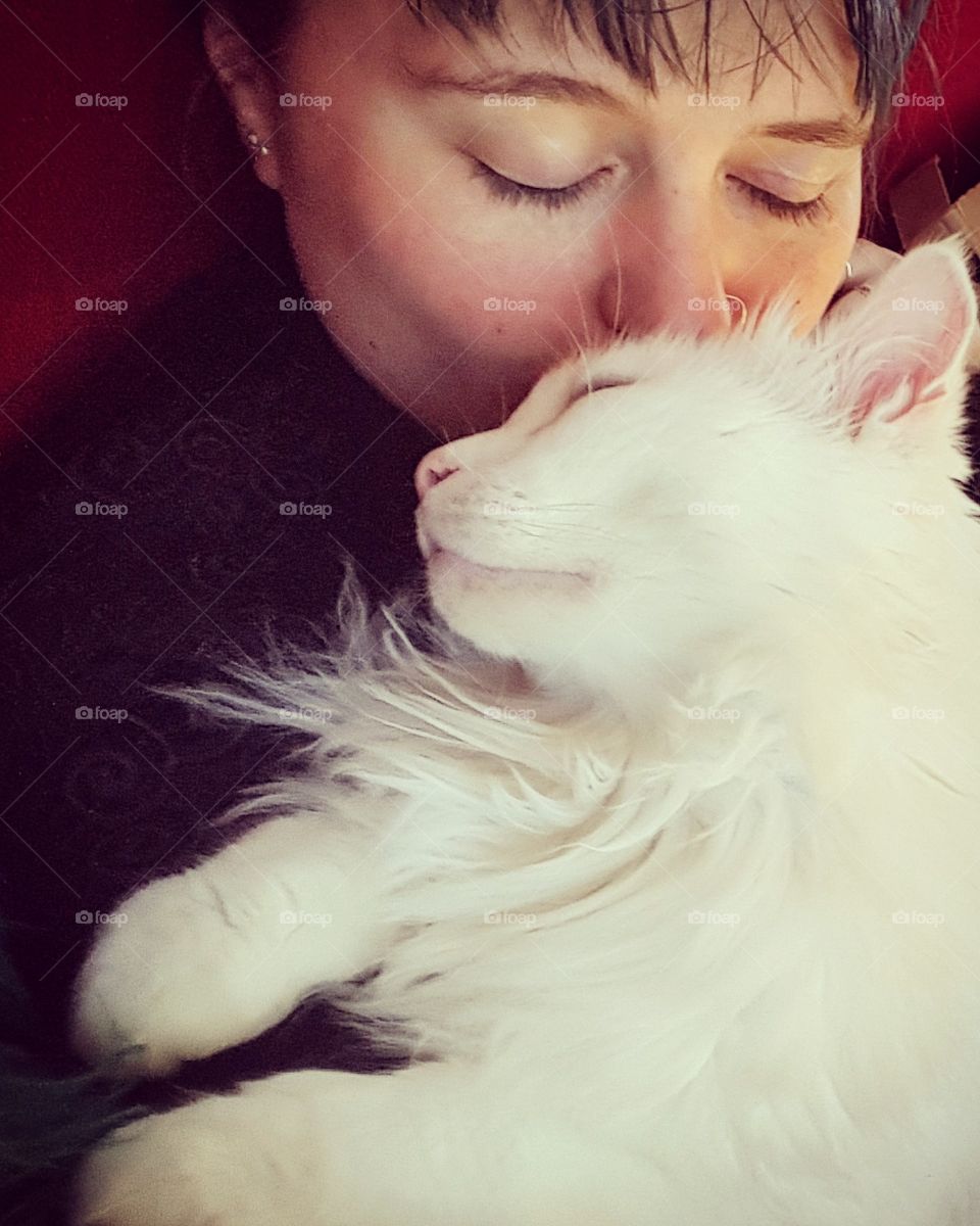 girl kissing white cat. affection. affectionate cat