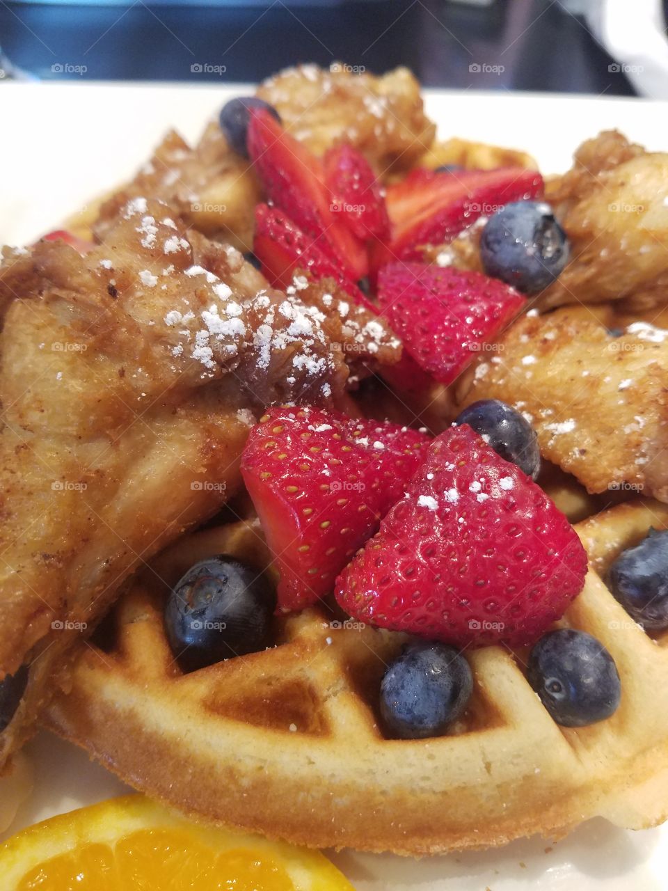 Closeup of Chicken and Waffles at Exo Cafe in Forest Hills NYC