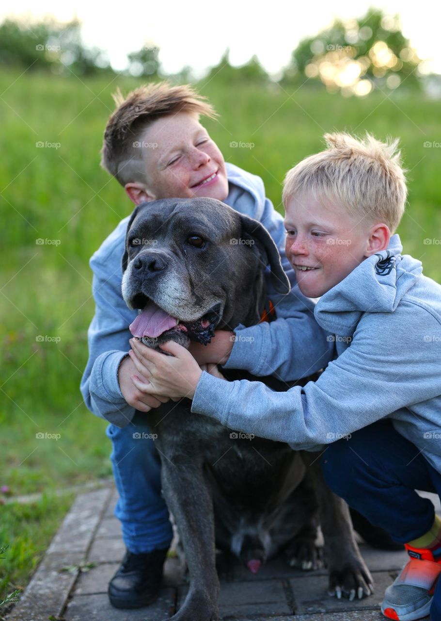 Cutest and happiest kids with big dog, happy time together 