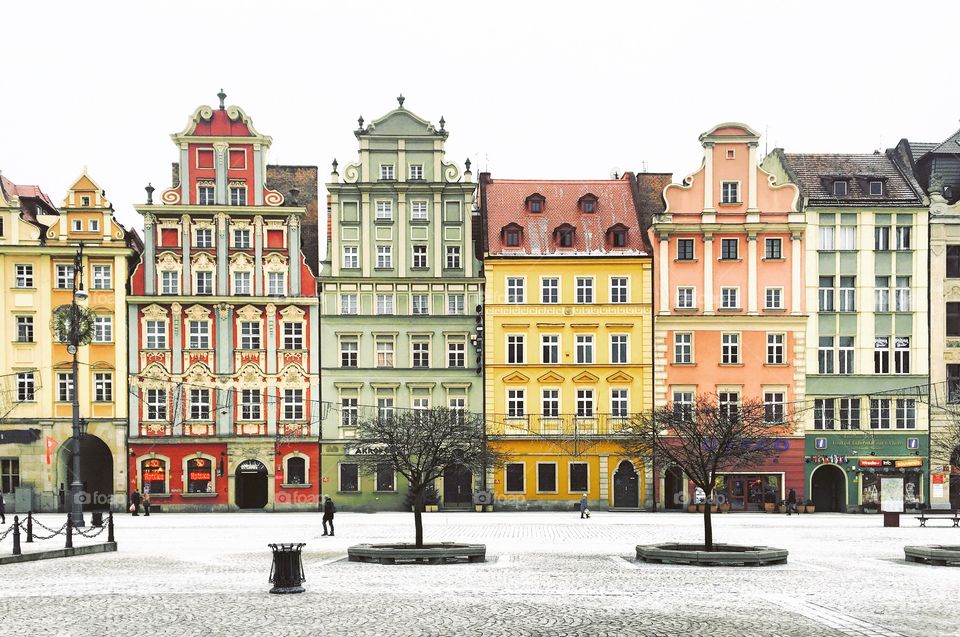Colorful buildings lining Salt Market Square in the Old Town of Wroclaw, Poland
