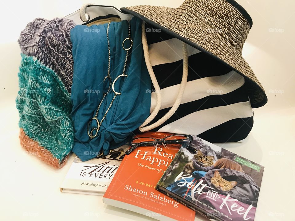 Let’s get ready to travel with best feel good reads, summer dress, sun hat, glasses, and favorite scarf! 