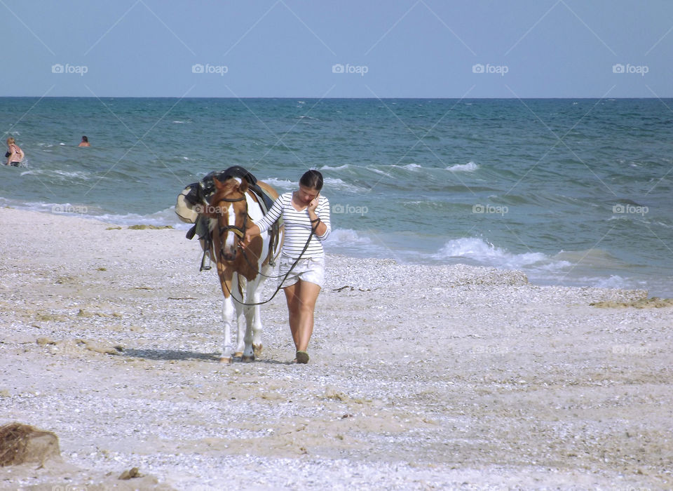 Girl with a horse walking along the seashore