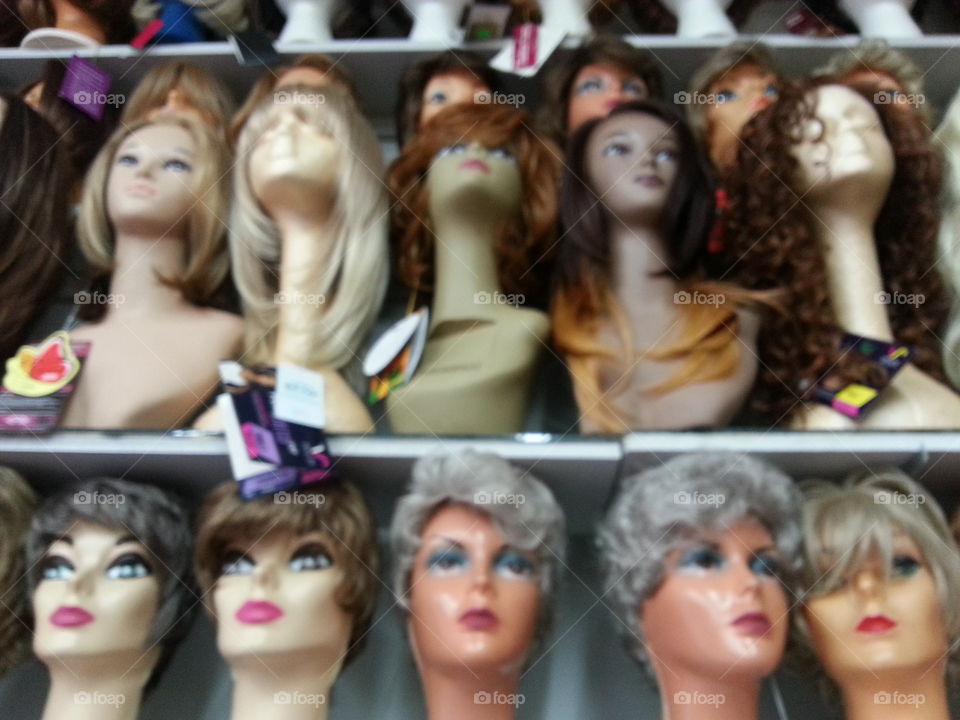 Wigs. wigs on display