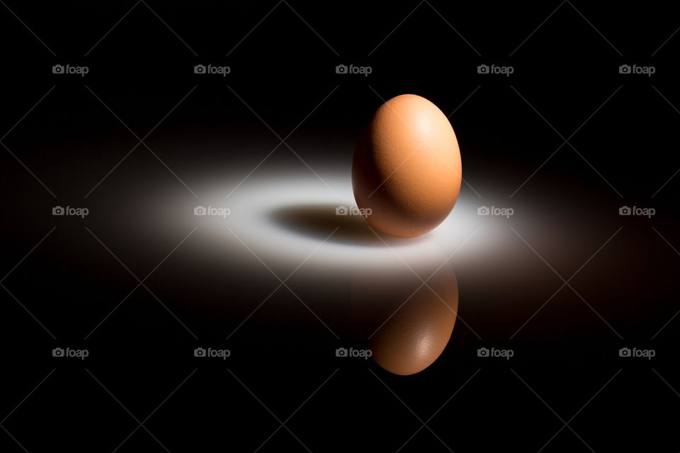 Brown egg in the spotlight. Brown egg in bright spotlight. Light around the egg is white, slowly turning to black. Reflection of the egg in black