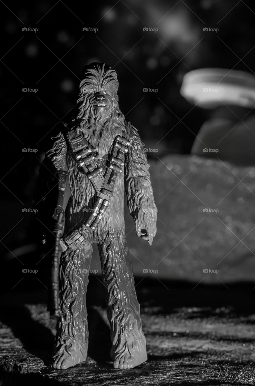 Chewbacca exploring a rocky planet