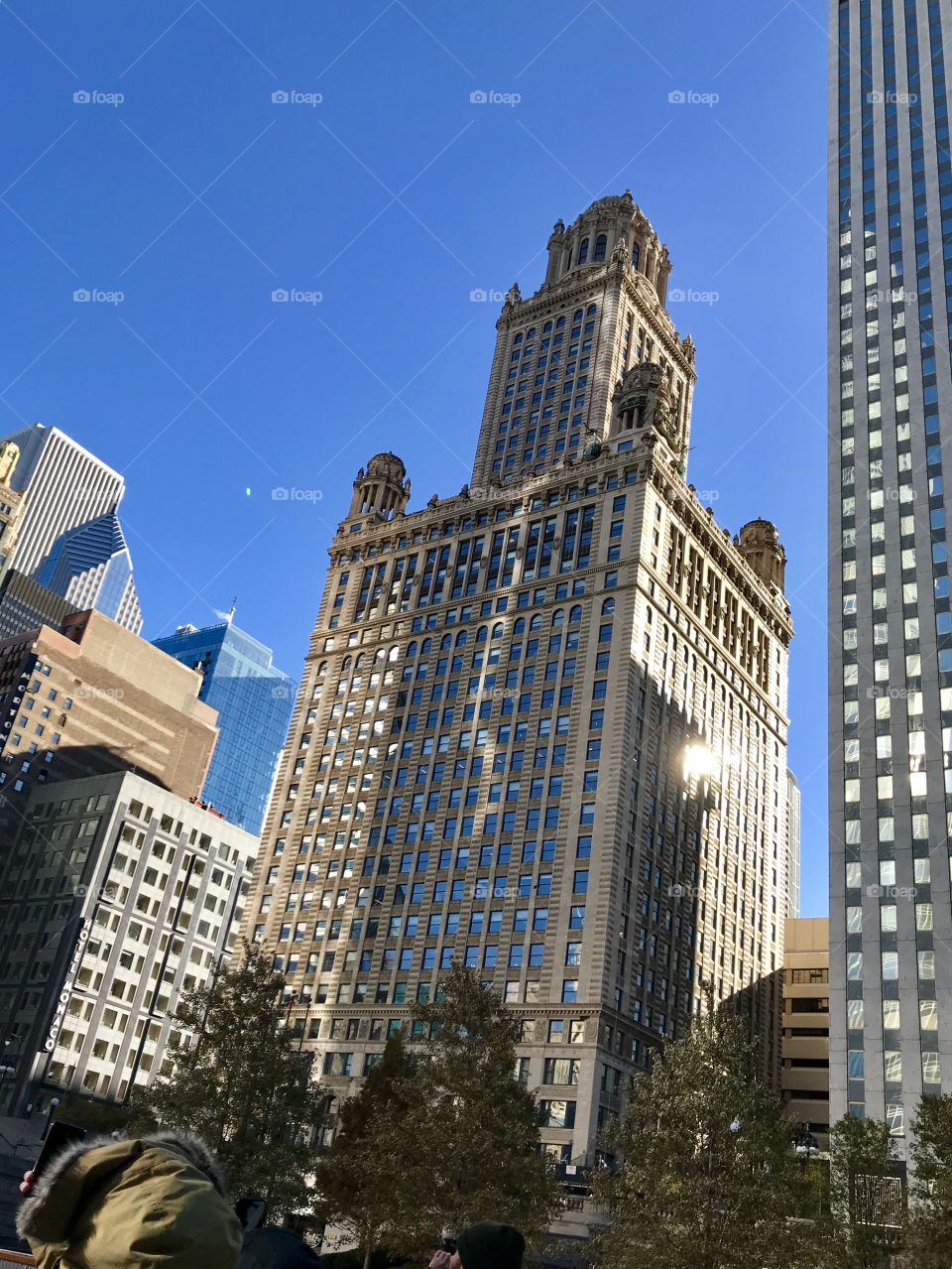 Rotated view of a skyscraper visible from the Chicago river that used to be a popular hangout for some of the 1920’s most notorious mobsters