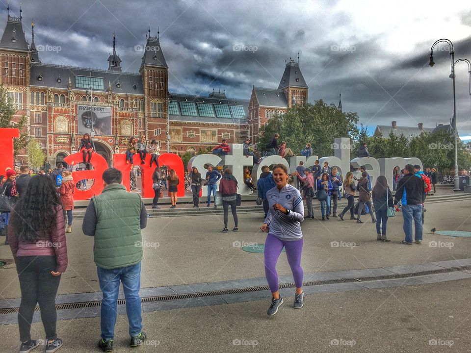 People in front of museum in Amsterdam, Netherlands