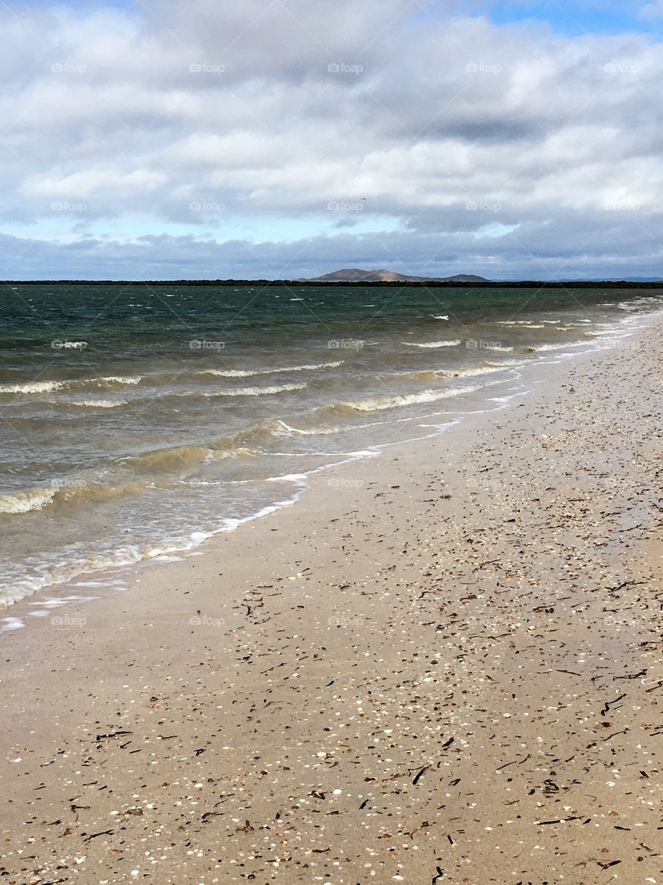 View down the beach toward the mangroves, includes angled perspective of sand, waves, water, and sky, perfect for meme or background backdrop