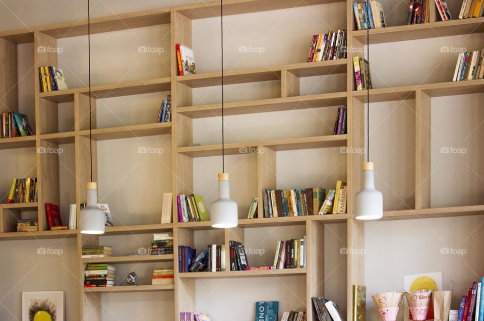 A library on the cafeteria wall