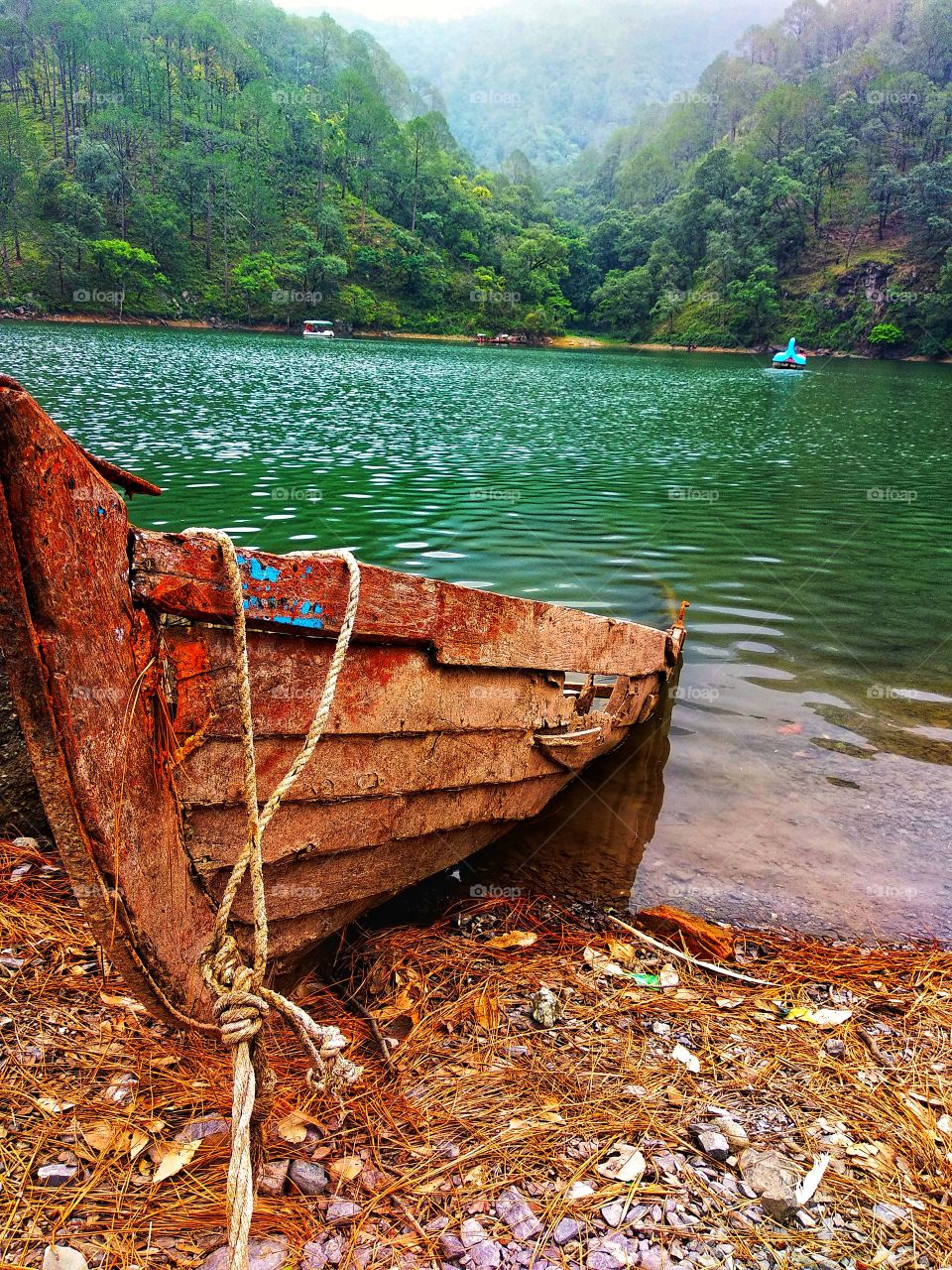 this is wood boat in nainital india.i have clicked this with a nice view when boat in half out of the water and background is too awesome with hills and water. nainital is too good for summer vacation and enjoy life.