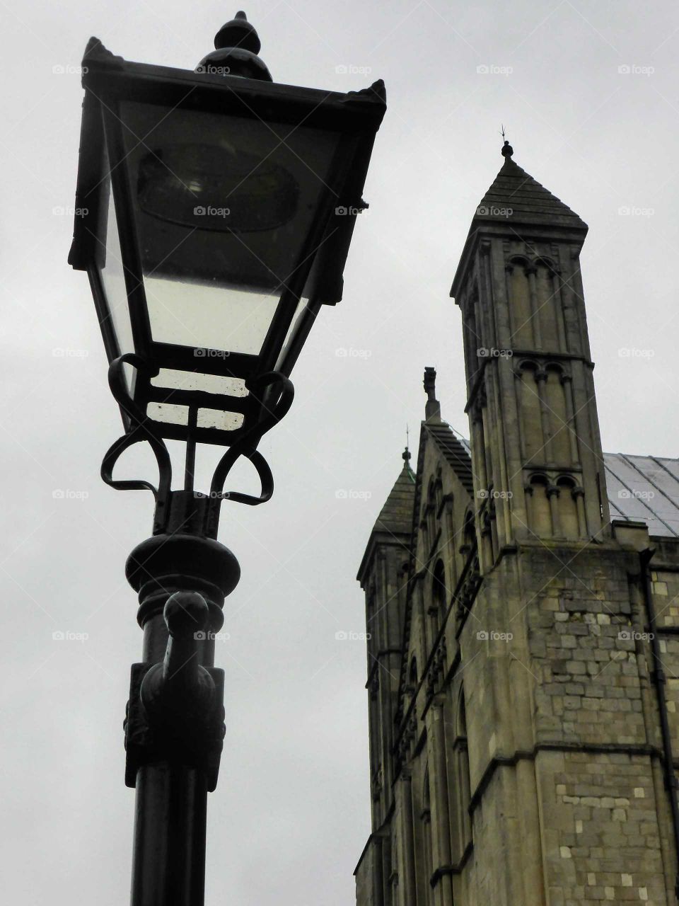 Lampost & Cathedral in rain