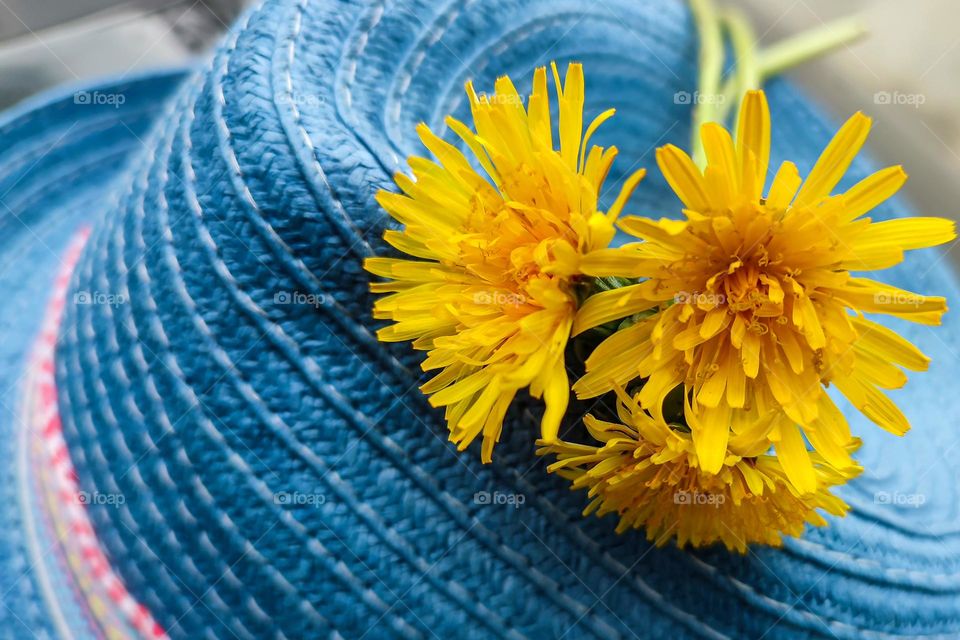 Blue Hat with Yellow Flowers