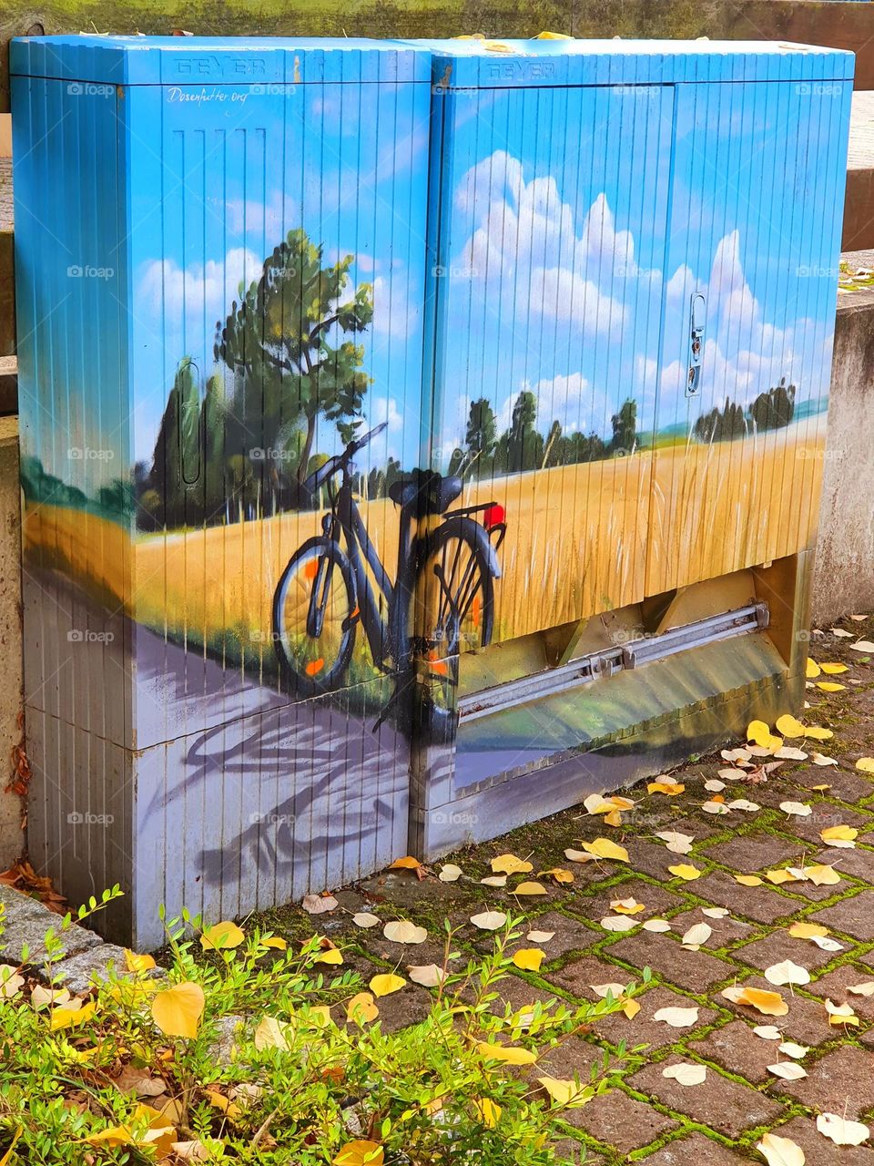 lonely bicycle and beautiful landscape painted on a power box , surrounded by foliage