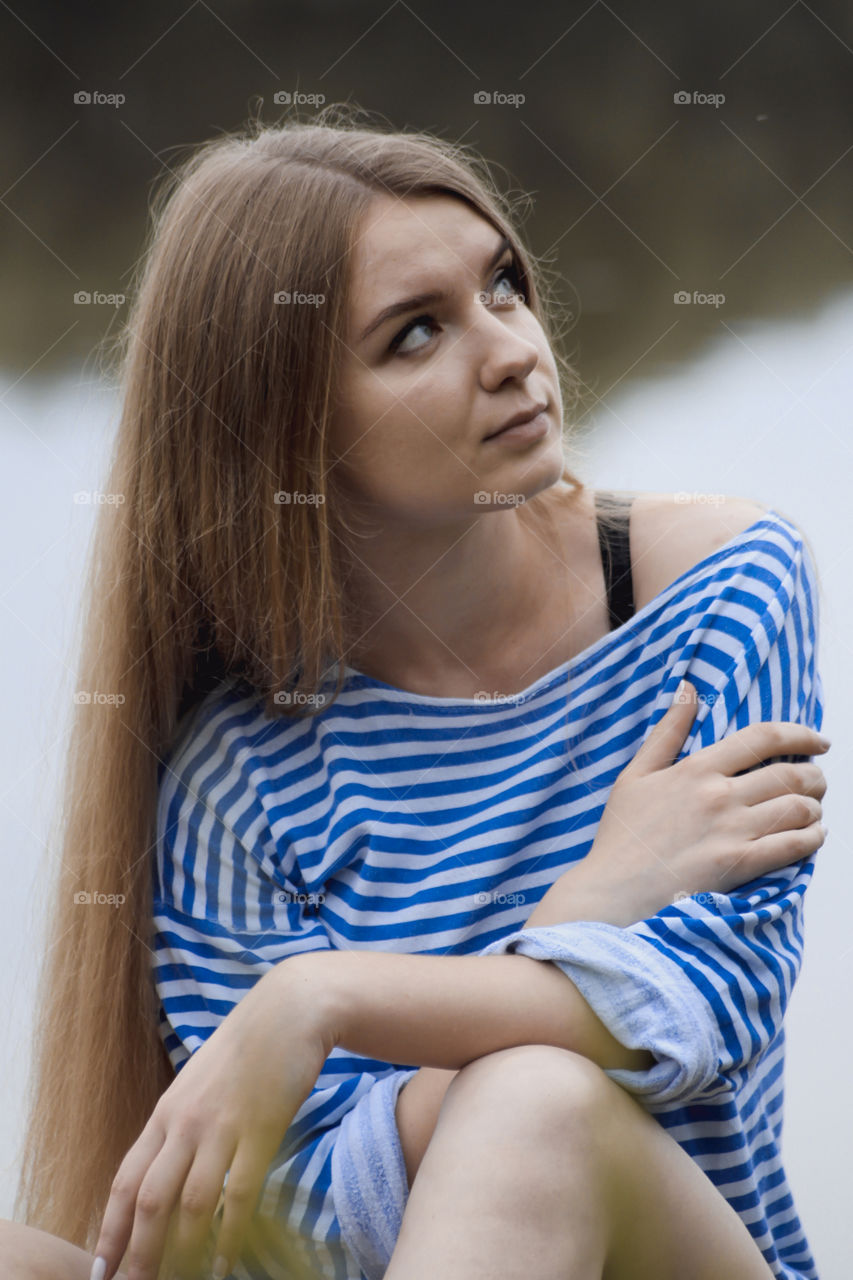 Girl, woman, people, blonde, blonde hair, striped shirt, short shorts, denim shorts, shore, lake, grass, reeds, old boat, feelings, emotions, tenderness, love, lifestyle, lifestyle, vacation