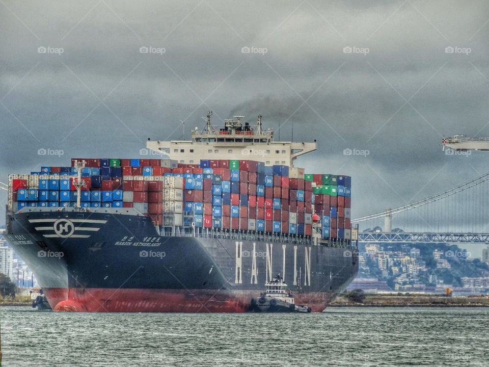 Huge Cargo Ship Entering Port. Cargo Ship On San Francisco Bay