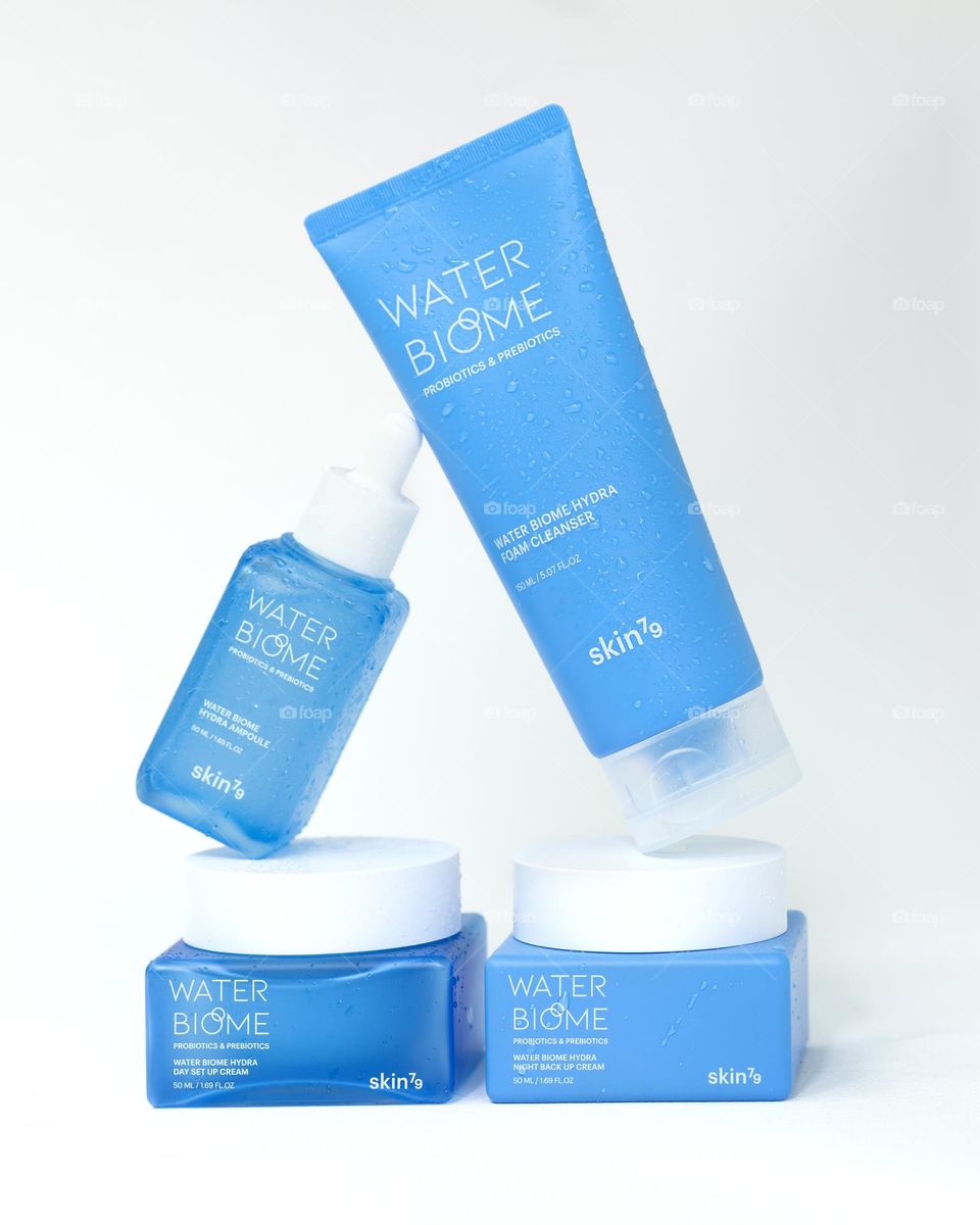 Blue water series of facial care products.