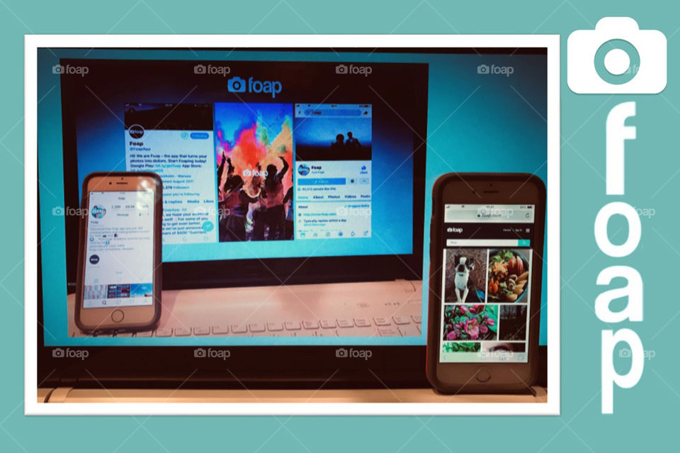 Rectangles within rectangles & they’re all FOAP! Screen shots of FOAP Twitter, FOAP Facebook, & the FOAP opening page on my laptop. FOAP Instagram on a phone & the FOAP website with my profile, (Phsiii), on another phone, all together in a rectangle!